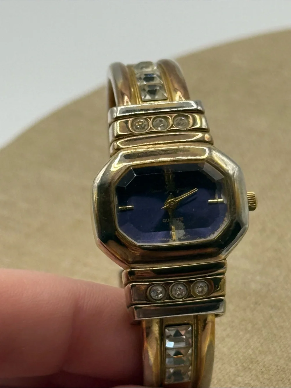 Pierre Jacquard Gold Tone Cuff Watch Rhinestones Metal Band Blue Octagon Dial